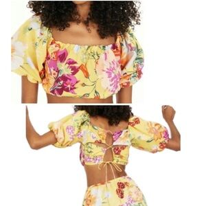 🛼H&M Yellow Floral Puff Sleeve Crop Top size M GUC